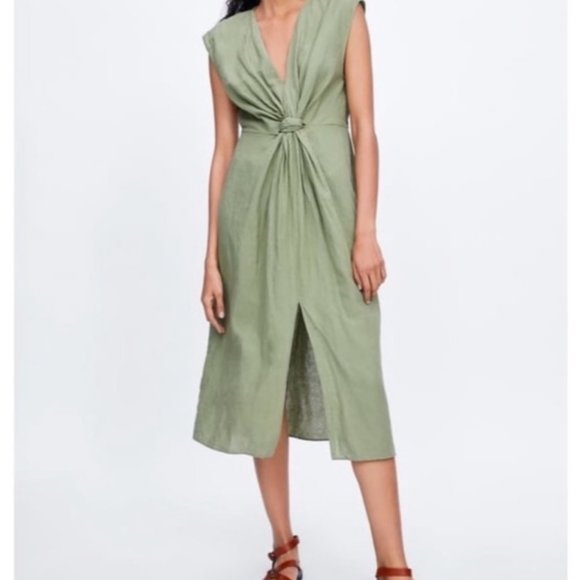 Zara | Dresses | Nwt Zara Green Linen Twist Front Midi Dress L | Poshmark